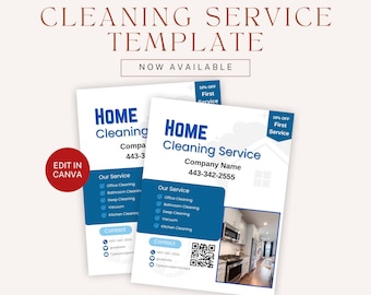 May include: A blue and white cleaning service flyer with a photo of a kitchen. The flyer includes the text "HOME Cleaning Service", "Company Name", "443-342-2555", "Our Service", "Office Cleaning", "Bathroom Cleaning", "Deep Cleaning", "Vacuum", "Kitchen Cleaning", "Contact", "443-342-2555", and "10% OFF First Service".