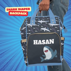 Custom Shark Multifunctional Diaper Backpack, Lightweight Adjustable Straps, Gift for Kids, Personalized Shark Backpack Design