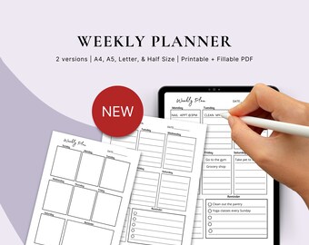 Weekly Planner Printable Weekly Checklist Agenda, A4/A5/Letter/Half Size, Fillable PDF, Productivity Checklist, Digital Agenda, Daily Notes