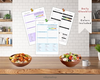 May include: Three printable daily checklist templates with a light blue background and a purple border. The checklist includes sections for "Morning", "Afternoon", "Evening", "Water Intake", "Mood", and "Notes". The checklist also includes a mood tracker with six colored circles.