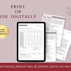 May include: A digital download of a weekly planner, a resume template, and a cover letter template. The planner has a gray background and a white grid. The resume and cover letter templates are white with black text. The image also includes a gold button that says "3 Free Instant Download".