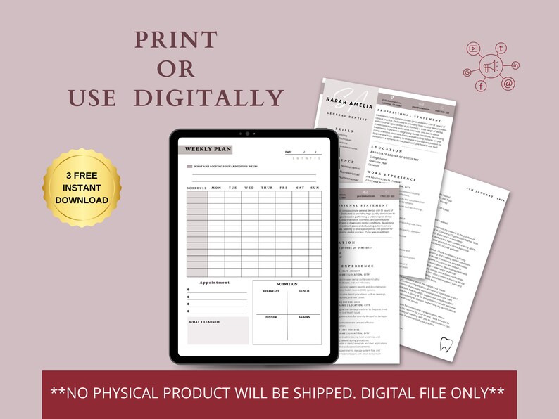 May include: A digital download of a weekly planner, a resume template, and a cover letter template. The planner has a gray background and a white grid. The resume and cover letter templates are white with black text. The image also includes a gold button that says "3 Free Instant Download".