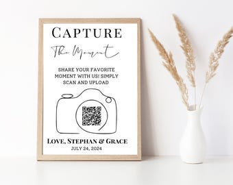 Cartello con codice QR per la condivisione di foto di matrimonio, decorazione moderna ed elegante (download digitale)