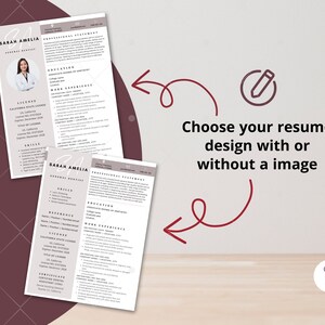 May include: Two versions of a resume template, one with a photo and one without. Both resumes are in a minimalist style with a light gray background and black text. The text on the resume includes the name "Sarah Amelia", the title "General Dentist", and the heading "Professional Statement".