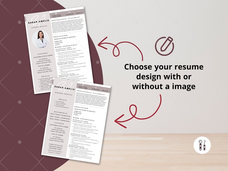 May include: Two versions of a resume template, one with a photo and one without. Both resumes are in a minimalist style with a light gray background and black text. The text on the resume includes the name "Sarah Amelia", the title "General Dentist", and the heading "Professional Statement".