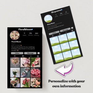 May include: A black and white mockup of an Instagram profile for a florist business called "Floralbloom". The profile has 9 posts, 10k followers, and 300 following. The profile picture is a woman holding a bouquet of flowers. The bio says "WELCOME" and "We provide flowers for any weddings, birthdays, baby shower or any special occasion". The profile also has a grid of nine photos of different flower arrangements.