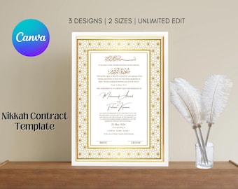 Elegante modello di certificato Nikkah dorato, contratto di matrimonio islamico (download digitale)