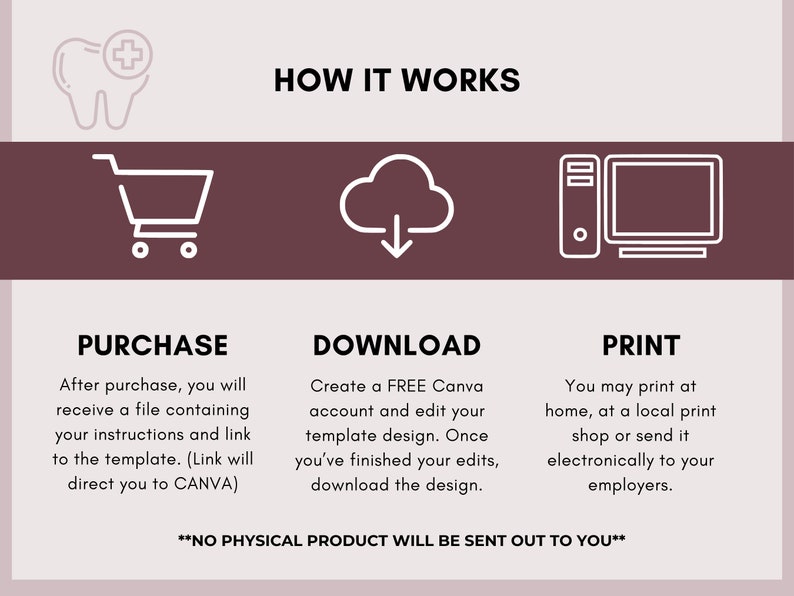 May include: A graphic showing how to purchase, download, and print a digital template. The graphic features a shopping cart, a cloud with a download arrow, and a computer monitor. The text reads "How it works", "Purchase", "Download", "Print", and "No physical product will be sent out to you".