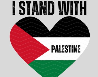 May include: A heart-shaped graphic with the colors of the Palestinian flag: red, white, black, and green. The text "I STAND WITH" is above the heart, and "PALESTINE" is written across the center.