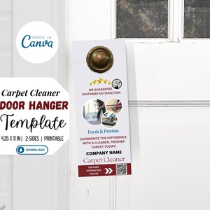 Könnte beinhalten: Eine rot-weiße Türhänger-Vorlage für ein Teppichreinigungsgeschäft. Die Vorlage enthält ein Firmenlogo, den Text "Carpet Cleaner", "Fresh & Pristine" und "Company Name" sowie einen QR-Code. Die Vorlage ist 10,8 cm x 27,9 cm groß und beidseitig bedruckbar.