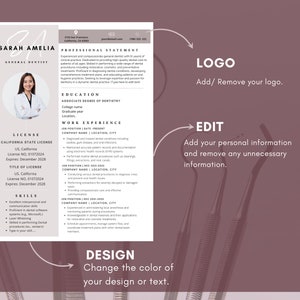 May include: A pink and white resume template for a general dentist. The resume includes a professional statement, education, work experience, license information, and skills. The template has a place for a logo and can be edited with personal information.
