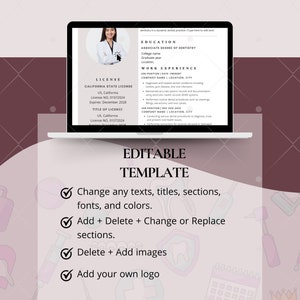 May include: Editable template for a dental resume on a laptop screen. The template includes sections for education, work experience, and license information. The text on the screen says "Editable Template".
