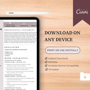 May include: A resume template for a general dentist with a professional statement, education, and work experience sections. The template is designed to be downloaded and used digitally. The template is editable and printable.