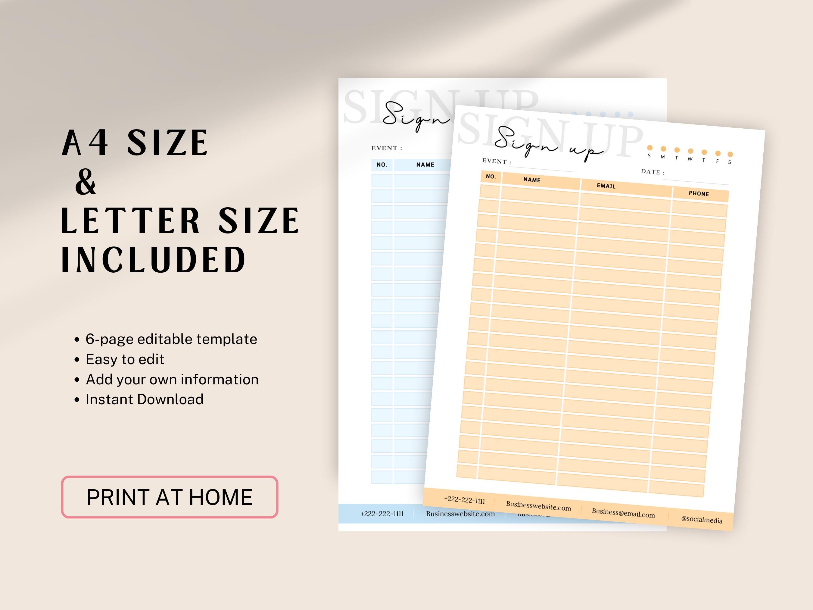 Editable Sign up Sheet Template, Printable Sign up Template, Sign up ...