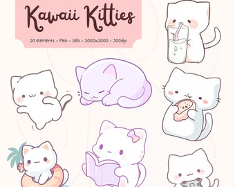 Ensemble de 20 PNG SVG Kawaii clipart - clipart Kawaii, clipart chat kawaii, autocollants chat kawaii, svg chat kawaii, png chat kawaii, clipart mignon