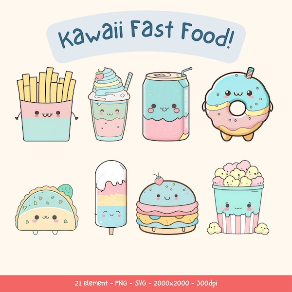 21 PNG SVG Clipart Bundle - kawaii clipart, kawaii junk food clipart, kawaii png, kawaii svg, food clipart, kawaii food, cute clipart