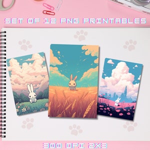 12 Kawaii Bunny Prints PNG - Kawaii Kunstdruck, kawaii Raumdekor, niedlicher Kunstdruck, kawaii Hase, kawaii printable, lofi Kunst, steamwave Poster