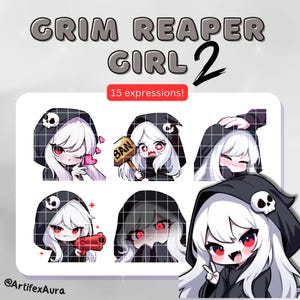 15 Twitch エモート ガール 死神 セット 2 - ステッカー バンドル、パック; Twitch、Discord; かわいいクリップアート、かわいい、ちび、アニメ; ゲーム、ストリーミング;