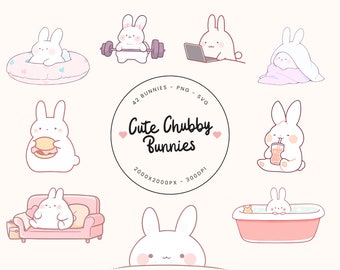 42 PNG SVG Kawaii Bunnies - clipart kawaii, animaux kawaii, autocollant lapin kawaii mignon, autocollants animaux mignons, autocollant Twitch, emote Twitch