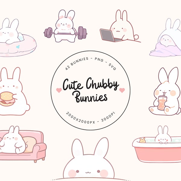 42 PNG SVG Kawaii Bunnies- kawaii clipart, kawaii animals, cute kawaii bunny sticker, cute animal stickers, Twitch sticker, Twitch emote