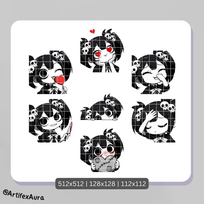 Black and White Goth Girl Twitch / Discord Emotes: Kawaii Chibi Sticker (22 PNG Digital Download) Bild 3