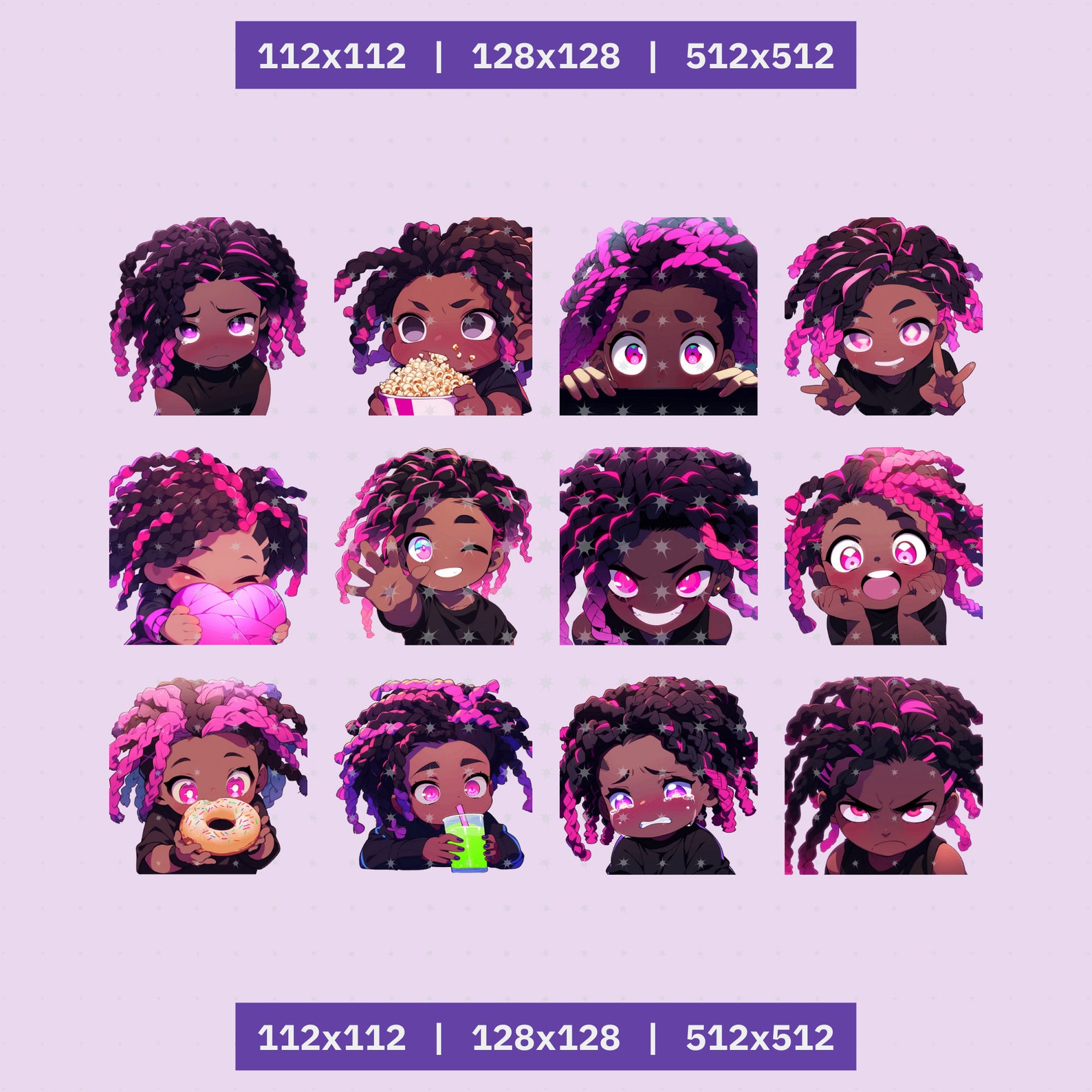 24 Twitch Emotes Girl Brown Pink Braids Black Skin Emote Sticker Set ...