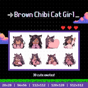 茶色の髪をしたかわいい黒猫の女の子の Twitch / Discord エモート 30 個 - Twitch エモート 猫、Twitch エモート パック、Twitch エモート アニメ、ちびガール