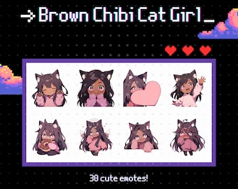 30 Twitch / Discord emotes of a cute black cat girl with brown hair - twitch emotes cat, twitch emotes pack, twitch emotes anime, chibi girl