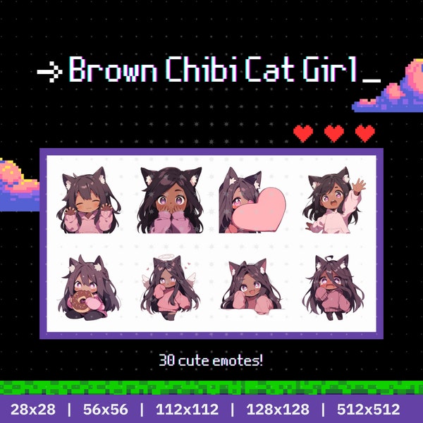 30 Twitch / Discord emotes of a cute black cat girl with brown hair - twitch emotes cat, twitch emotes pack, twitch emotes anime, chibi girl