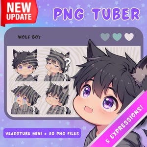 Wolf Boy PNGTuber Model: Anime Chibi Twitch Stream Asset - 5 Expressions