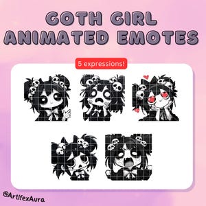 5 Animated Emotes Goth Girl Set - animated stickers bundle, pack; Twitch, Discord; Kawaii, Cute, Chibi, Anime; Gaming, Streaming;