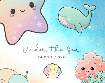 24 PNG SVG Kawaii sea creatures clipart set - cute clipart animals, kawaii clipart, cute kawaii stickers, twitch / discord badges