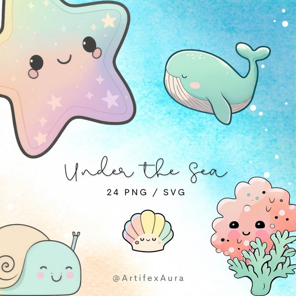 24 PNG SVG Kawaii sea creatures clipart set - cute clipart animals, kawaii clipart, cute kawaii stickers, twitch / discord badges