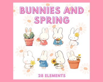 28 Kawaii Bunnies PNG SVG - cute kawaii animal clipart, printable sticker, cute bunny clipart; Twitch badge, Twitch sticker; spring, flowers