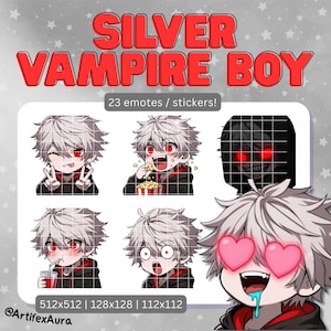 White Haired Anime Vampire Boy Twitch Emotes / Stickers (23 Pack) (Digital Download)