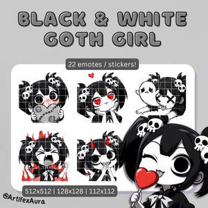 Noir et blanc Goth Girl Twitch / Discord Emotes : Stickers Kawaii Chibi (téléchargement numérique 22 PNG)