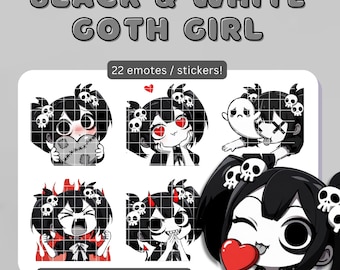Black and White Goth Girl Twitch / Discord Emotes: Kawaii Chibi Stickers (22 PNG Digital Download)