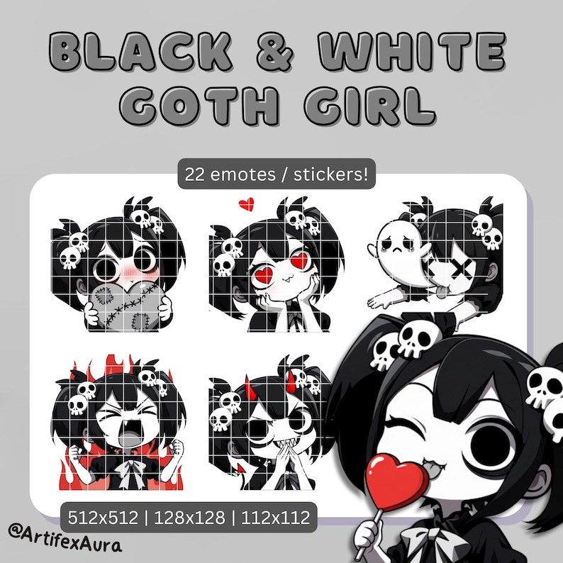 Black and White Goth Girl Twitch / Discord Emotes: Kawaii Chibi Sticker (22 PNG Digital Download) Bild 1