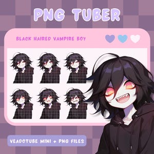Puede incluir: Un conjunto de ocho ilustraciones digitales de un chico vampiro de pelo negro con diferentes expresiones faciales. El chico lleva una sudadera negra y tiene ojos amarillos brillantes. Las ilustraciones están sobre un fondo a cuadros rosa y blanco con el texto "PNG TUBER" y "BLACK HAIRED VAMPIRE BOY".