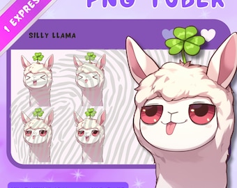 May include: Digital art featuring a cartoon llama with a clover on its head, with multiple expressions. The text "PNG TUBER" and "SILLY LLAMA" are displayed. The image has a purple and white color scheme.