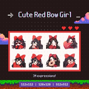 黒髪と赤いリボンの女の子の Twitch エモート 34 個 - エモート セット、バンドル、Twitch、Discord、YouTube、ゲーマー、ストリーマー、かわいい、ちび