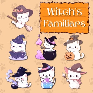 17 PNG SVG Kawaii Cat Familiars Set - Halloween Clipart Bundle, autumn clipart, fall clipart; twitch emotes, badges, stickers;