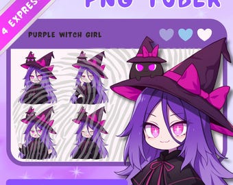 Chica bruja de pelo morado PNGTuber Modelo: Anime Chibi Twitch Stream Asset