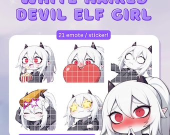 Emote Twitch "Ragazza elfa diavolo dai capelli bianchi": adesivi anime chibi (download digitale 23 PNG)