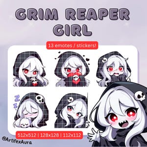 13 Twitch emotes girl grim reaper set 1 - stickers bundle, pack; Twitch, Discord; Kawaii Clipart, Cute, Chibi, Anime; Gaming, Streaming;