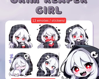 13 Twitch emotes girl grim reaper set 1 - stickers bundle, pack; Twitch, Discord; Kawaii Clipart, Cute, Chibi, Anime; Gaming, Streaming;