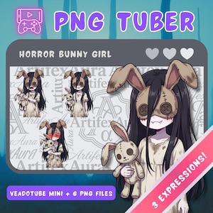 May include: A digital character asset set titled PNG TUBER HORROR BUNNY GIRL featuring a character with long black hair wearing a stitched bunny mask with button eyes, holding a matching plush toy, including 3 expressions and 6 PNG files.