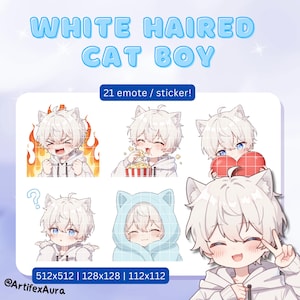 20 Twitch Emotes weiße Katze Junge - Set, Bundle, Pack, Aufkleber, Discord, YouTube, Gamer, Streamer, süß, Kawaii, Chibi, Anime, Mann, männlich,kerl