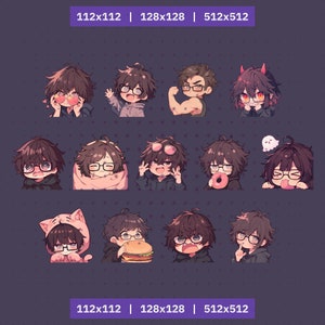 26 Twitch emotes boy with glasses set, bundle, pack, stickers, Discord, YouTube, Cute, Kawaii, Chibi, Anime, man, male, guy, black hair zdjęcie 3