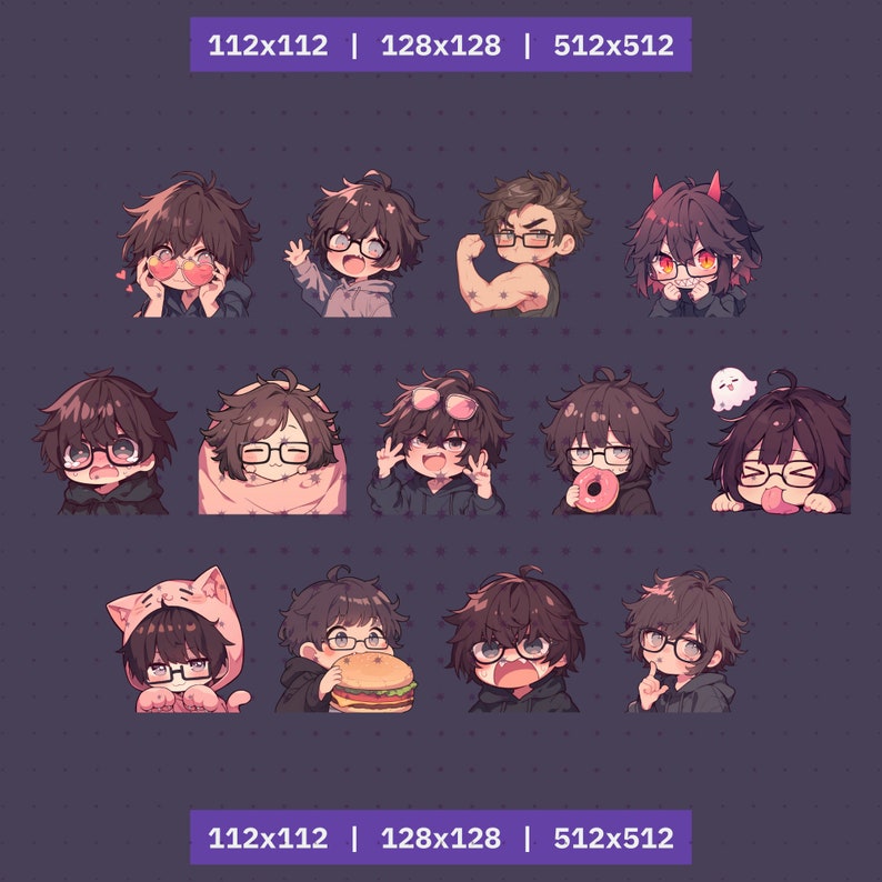 26 Twitch emotes boy with glasses set, bundle, pack, stickers, Discord, YouTube, Cute, Kawaii, Chibi, Anime, man, male, guy, black hair zdjęcie 3